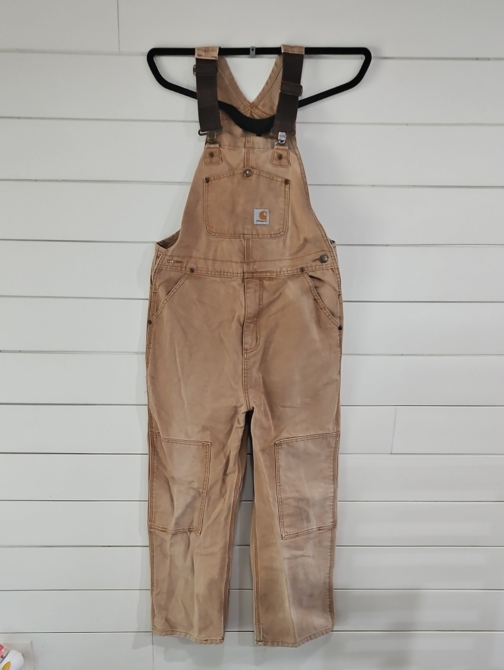 Carhartt Tan Canvas Bib Overalls with Brown Straps Sz 12